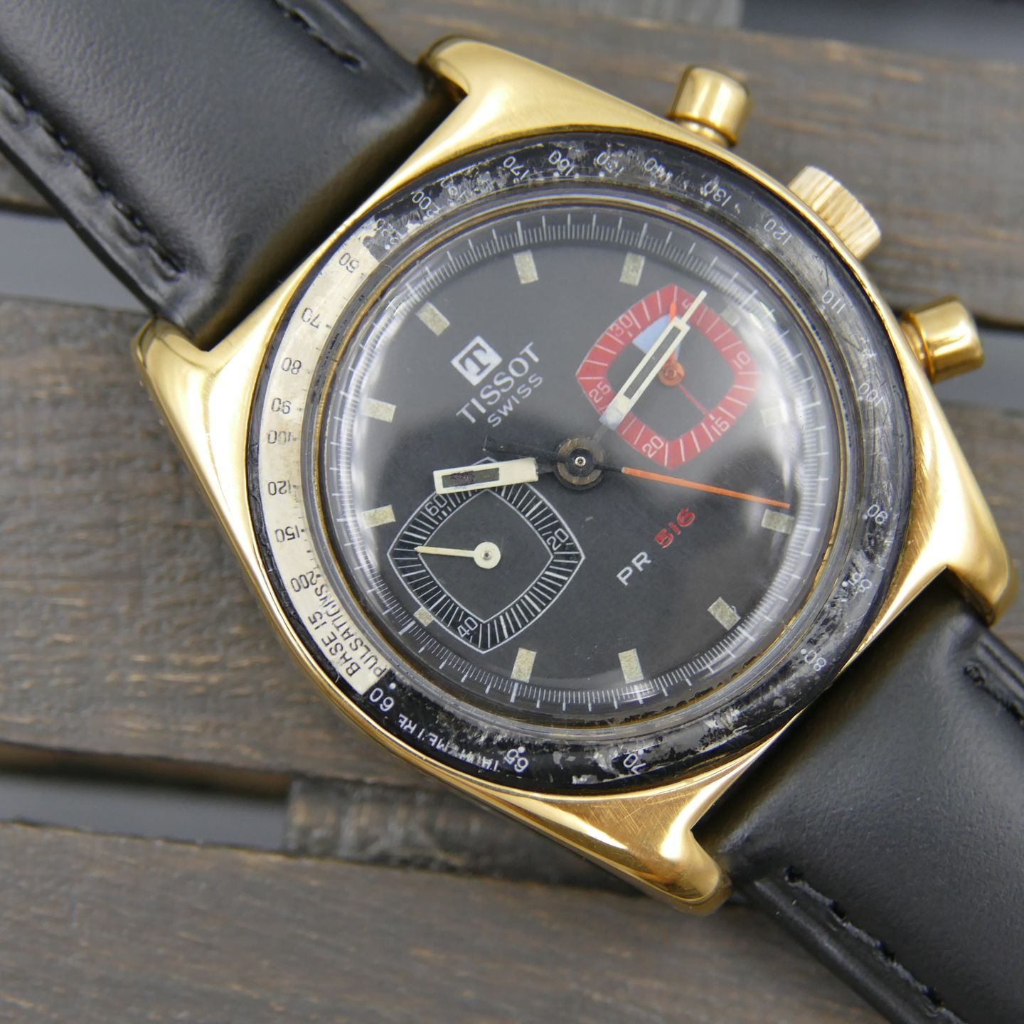 Tissot Vintage 70's vintage watch mens Tissot PR 516 chronograph cal. 872 Lemania ref 40526-1X (1970) - Black dial 35 mm Gold/Steel case (1/8)