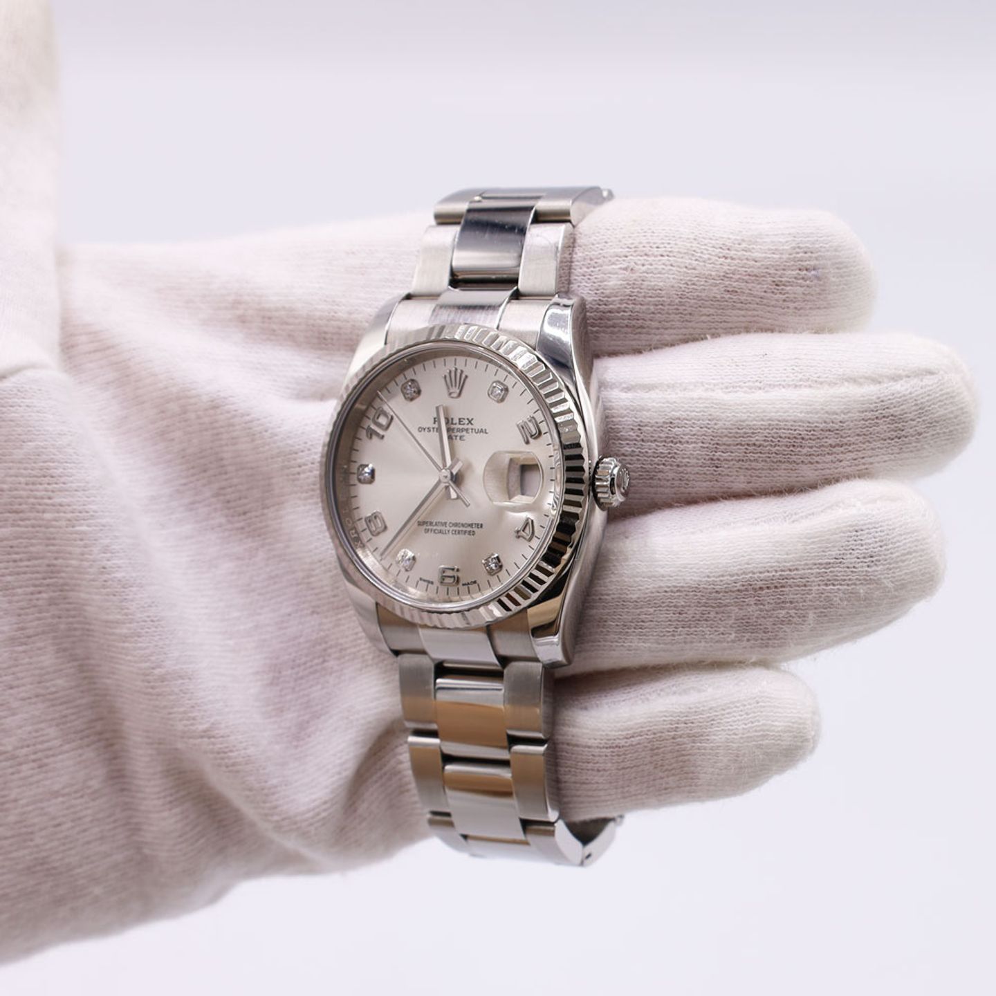 Rolex Oyster Perpetual Date 115234 (Onbekend (willekeurig serienummer)) - Zilver wijzerplaat 34mm Staal (6/6)