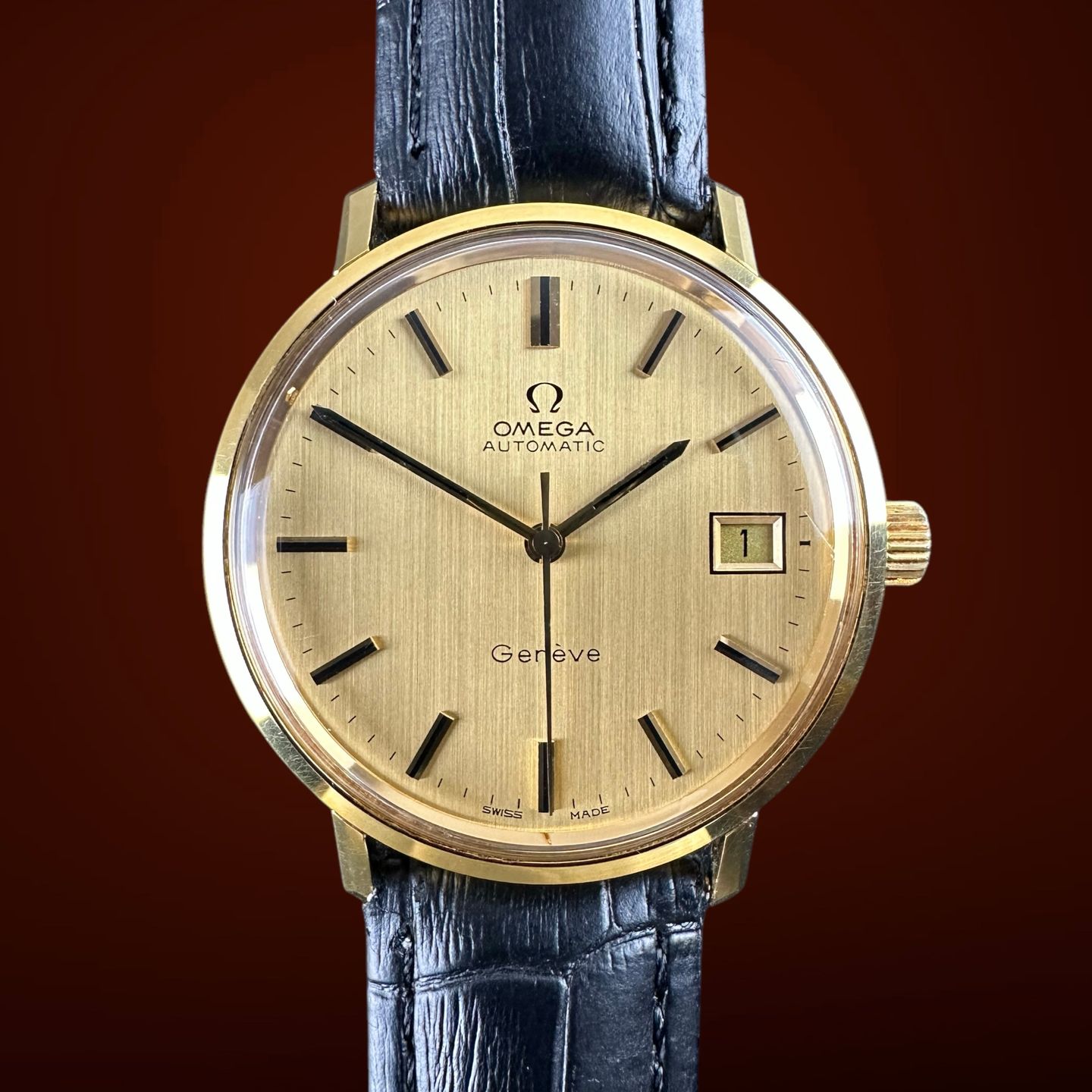 Omega Genève 166.763 (1973) - Gold dial 35 mm Gold/Steel case (1/8)